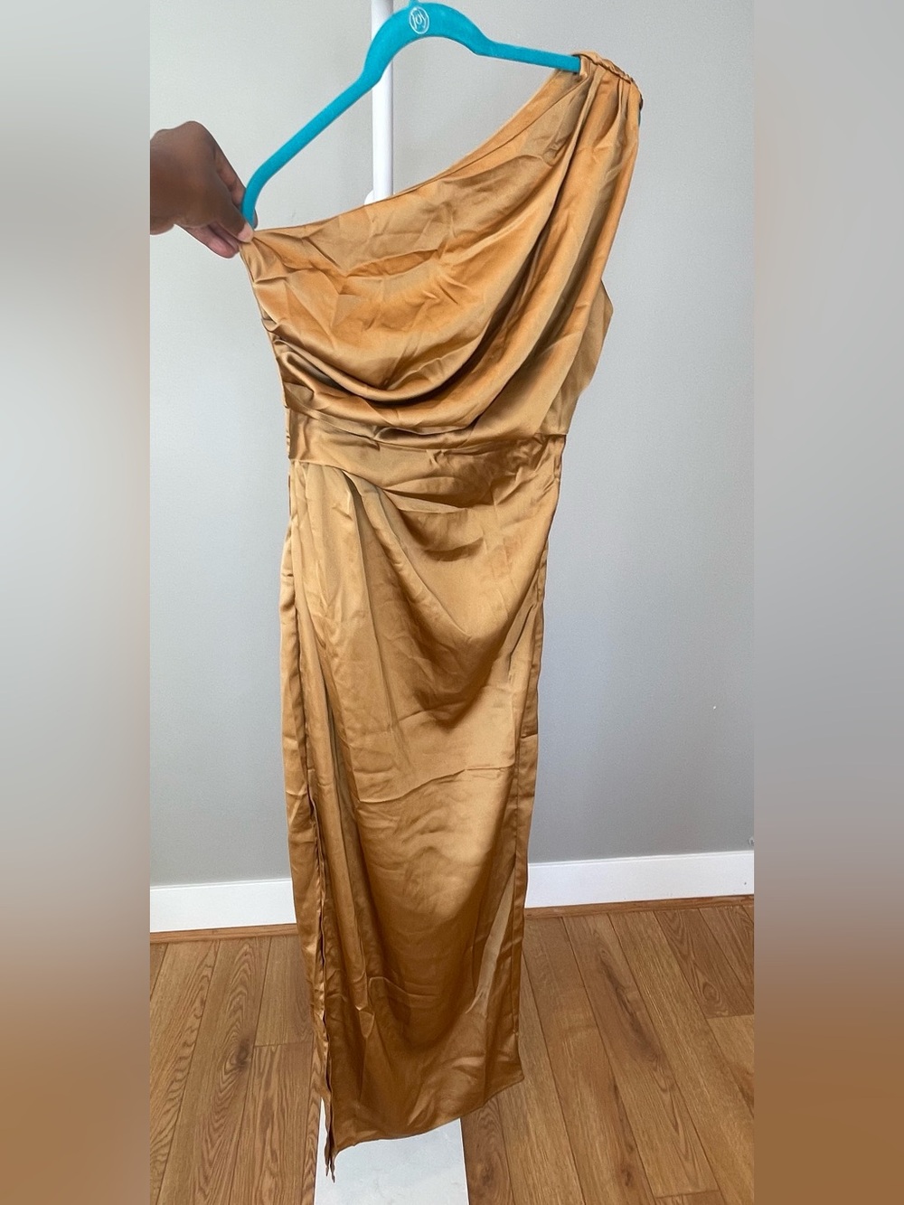 Petal & Pup One-Shoulder Satin Maxi Dress in Gold NWOT